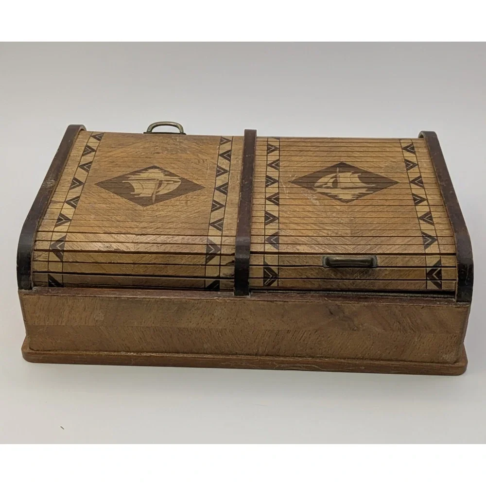 Vintage Japanese Roll Top Box Cigarette Trinket Sailboat Wooden